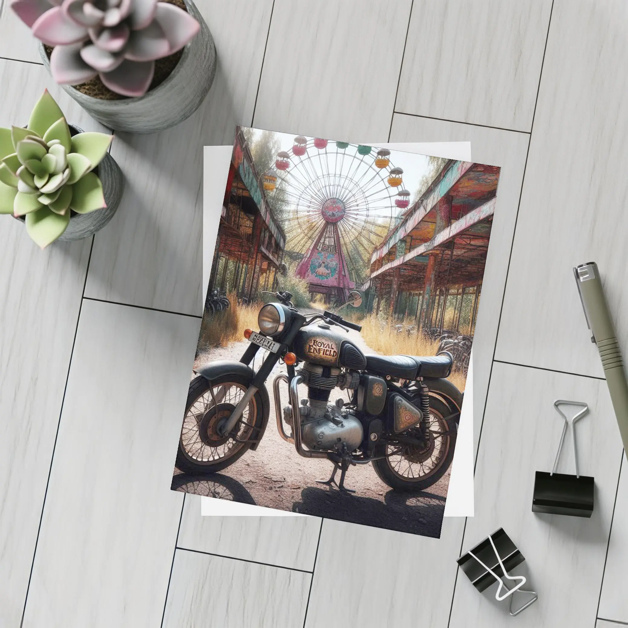 Royal Enfield Classic Abandoned Fairground Ferris Wheel – Postcards
