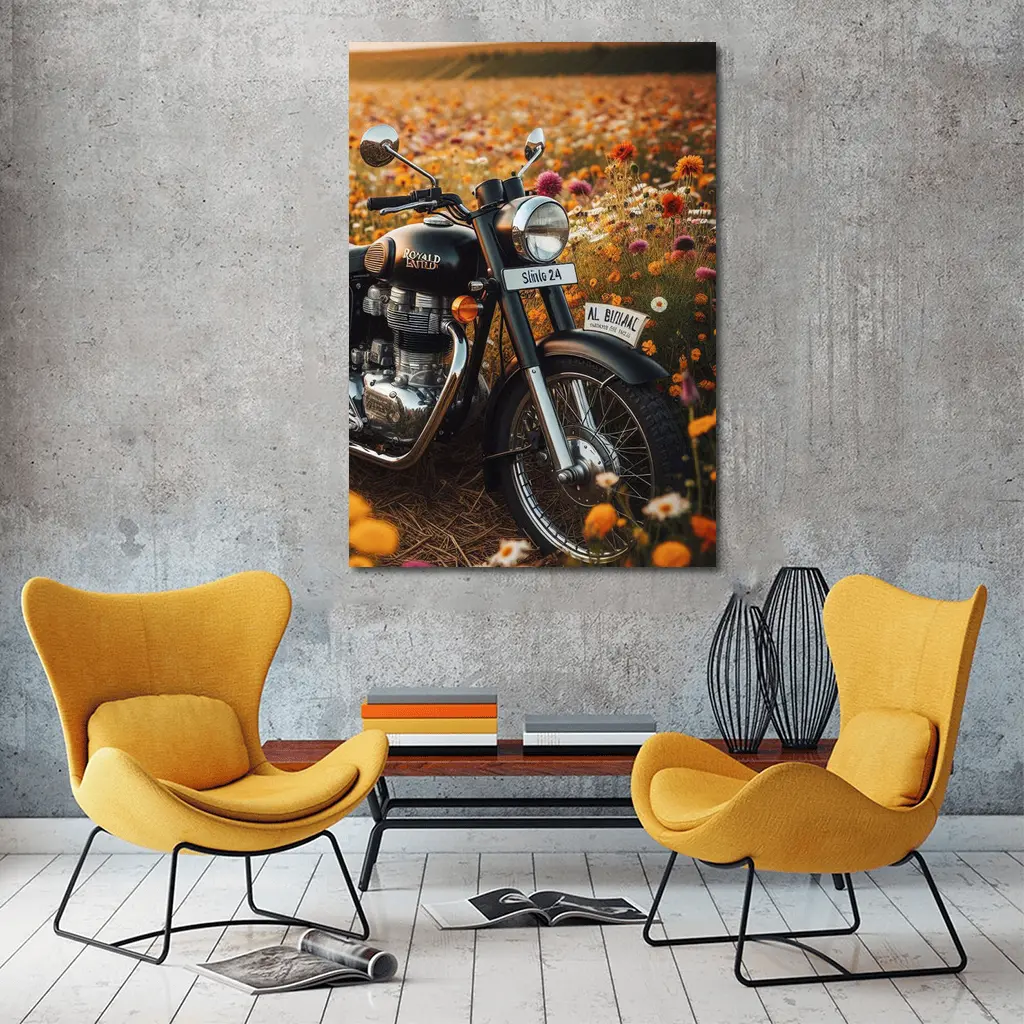 Royal Enfield Classic Motorcycle Wildflower Field – Wall Art