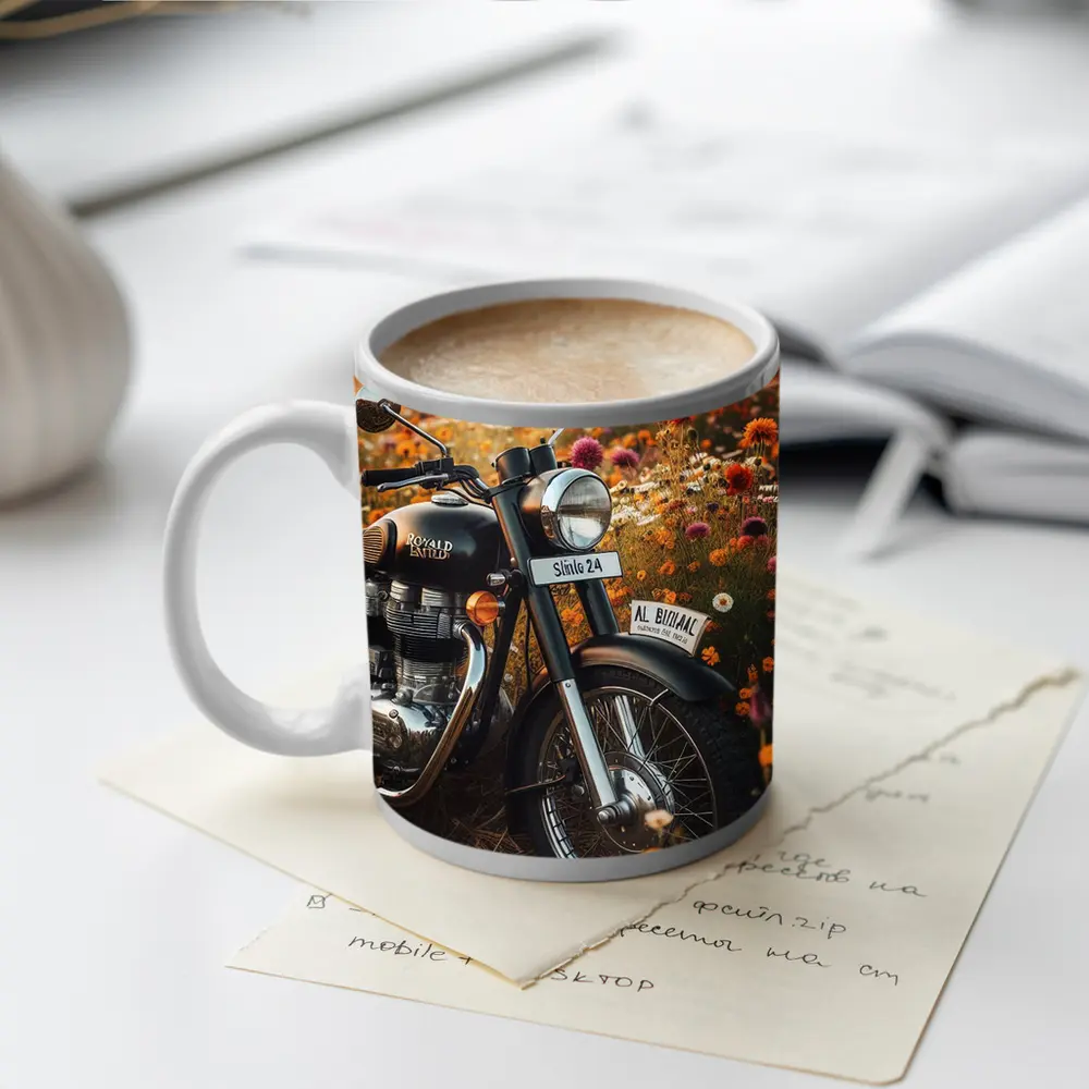 Royal Enfield Classic Motorcycle Wildflower Field – Mugs