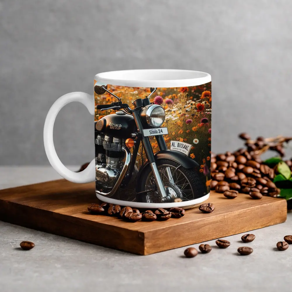 Royal Enfield Classic Motorcycle Wildflower Field – Mugs