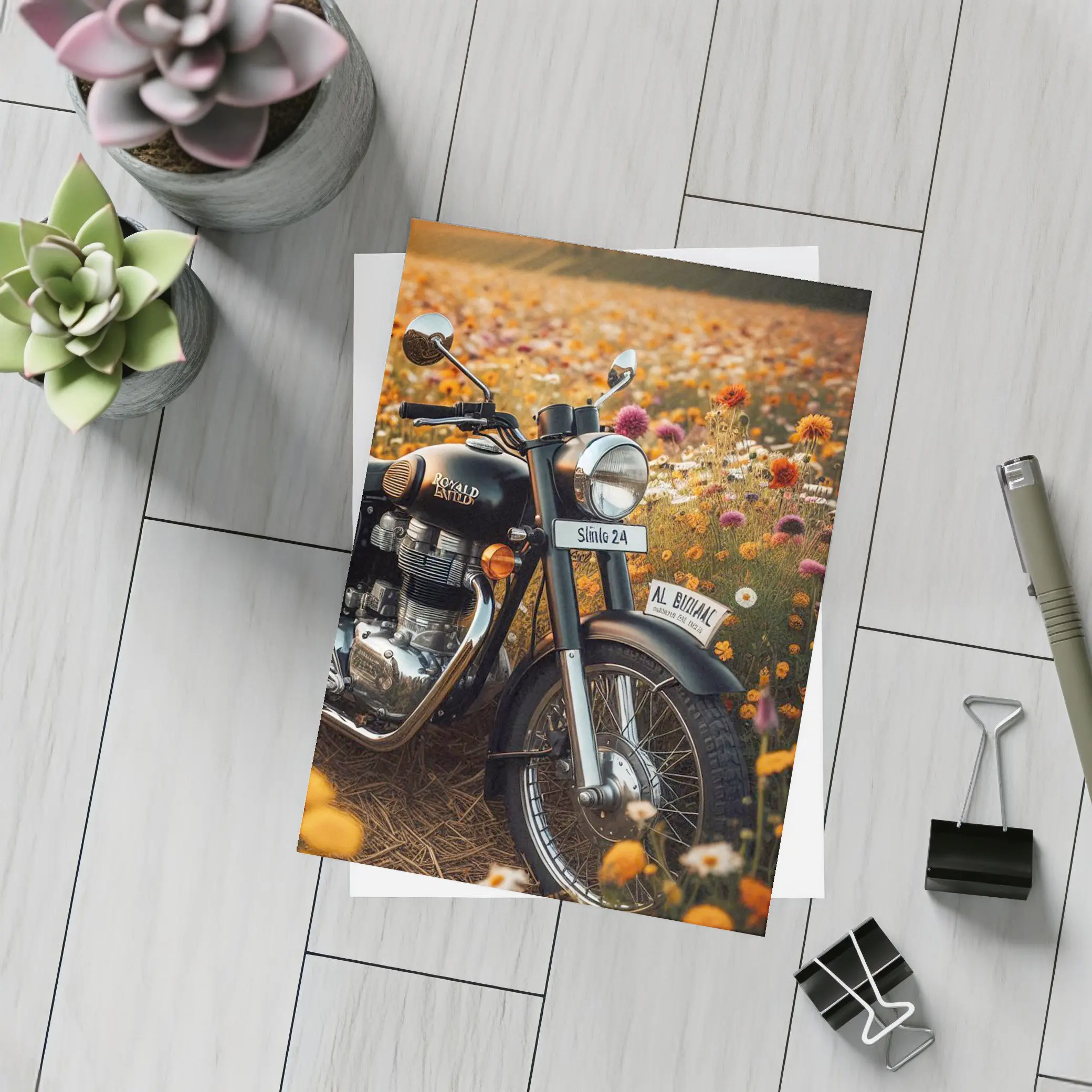 Royal Enfield Classic Motorcycle Wildflower Field – Postcards