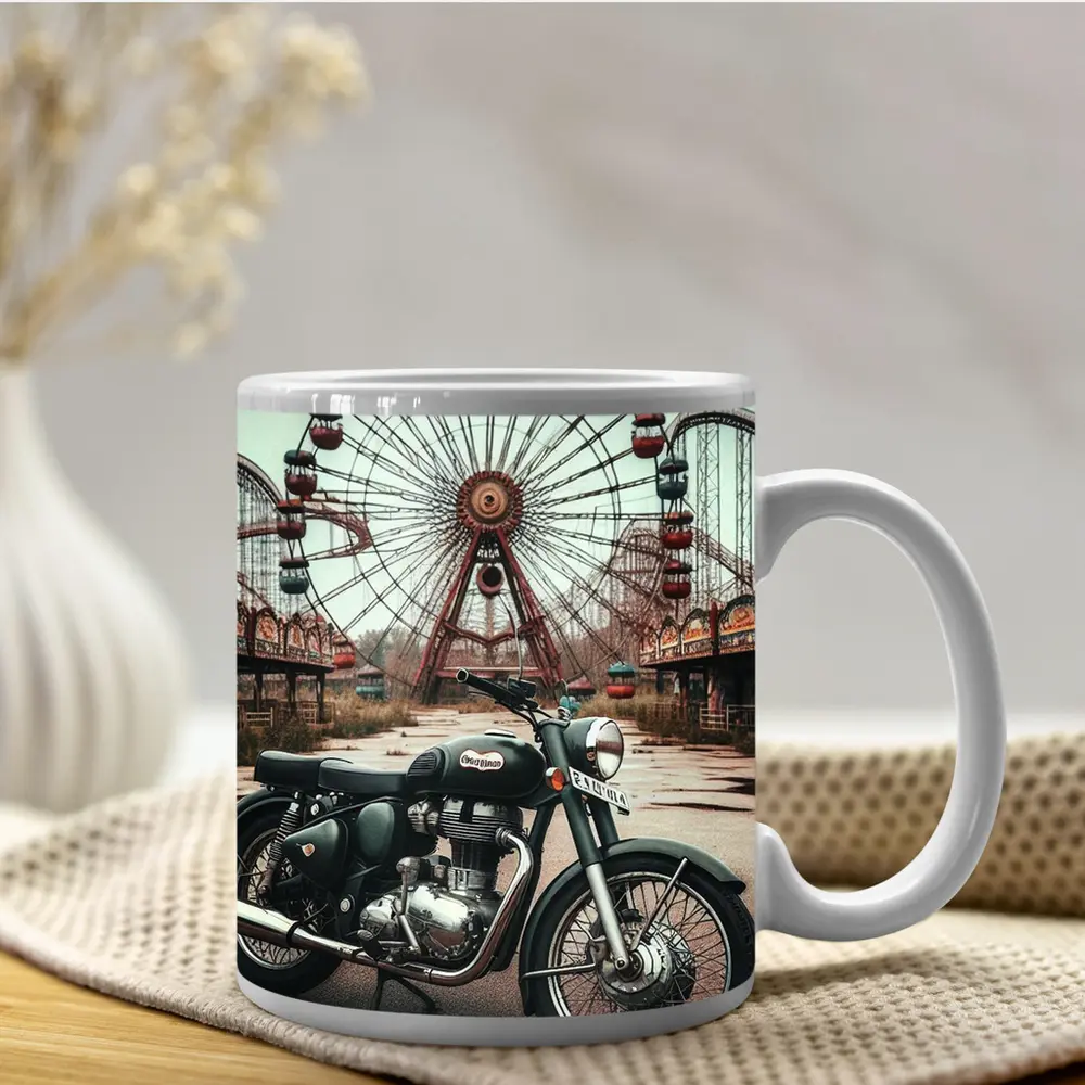 Classic Motorcycle Abandoned Amusement Park Background – Mugs