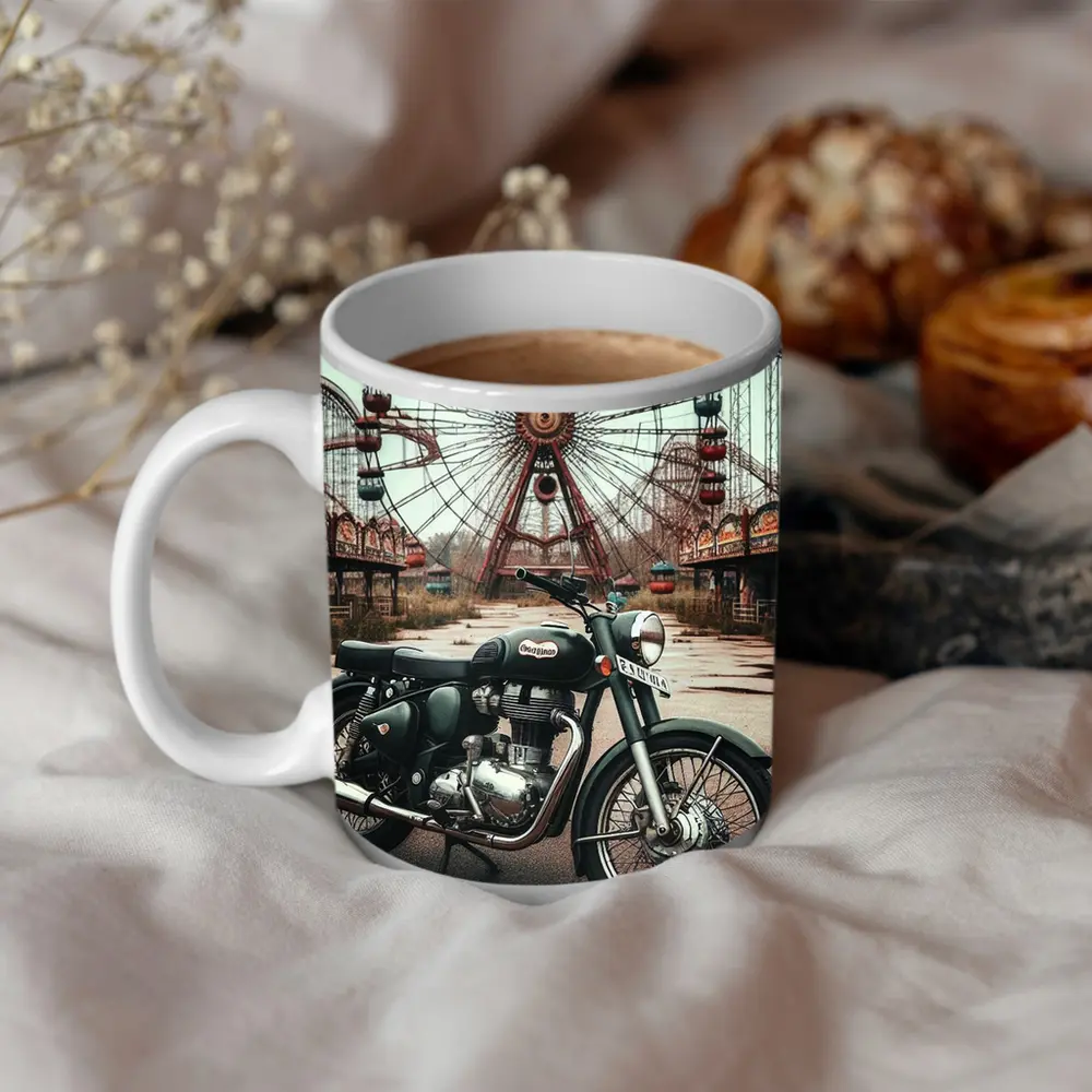 Classic Motorcycle Abandoned Amusement Park Background – Mugs
