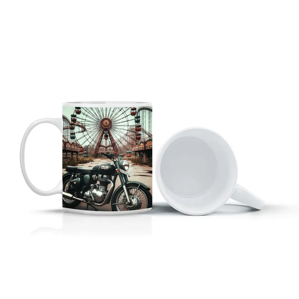 Classic Motorcycle Abandoned Amusement Park Background – Mugs