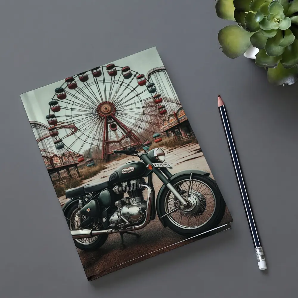 Classic Motorcycle Abandoned Amusement Park Background – Notebooks