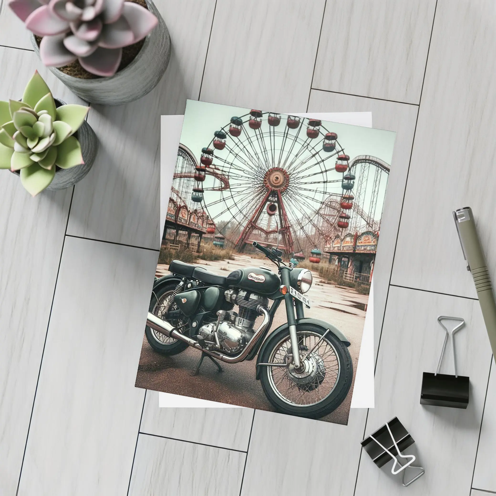 Classic Motorcycle Abandoned Amusement Park Background – Postcards