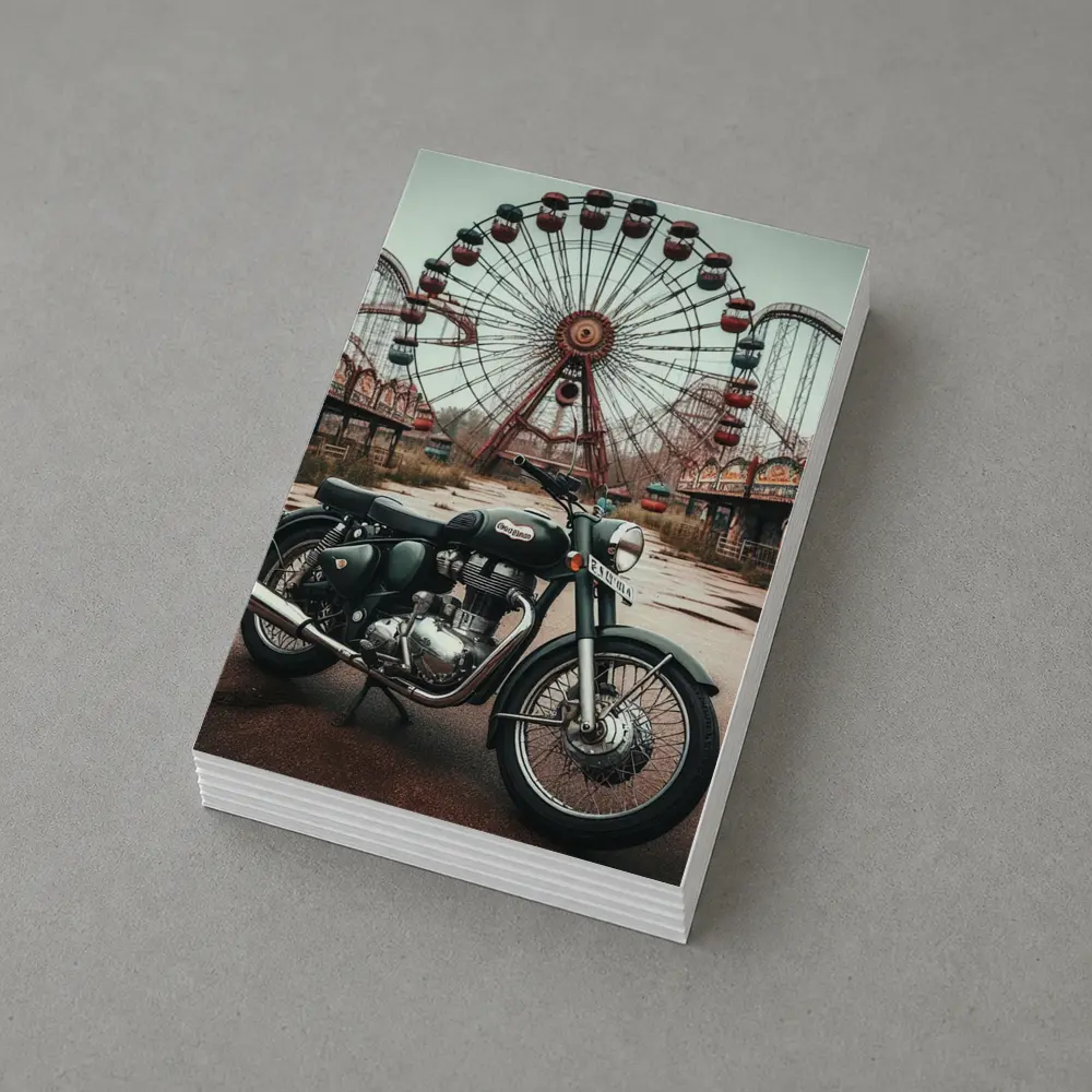 Classic Motorcycle Abandoned Amusement Park Background – Postcards