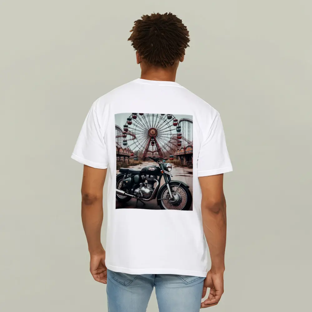 Classic Motorcycle Abandoned Amusement Park Background – T-Shirts