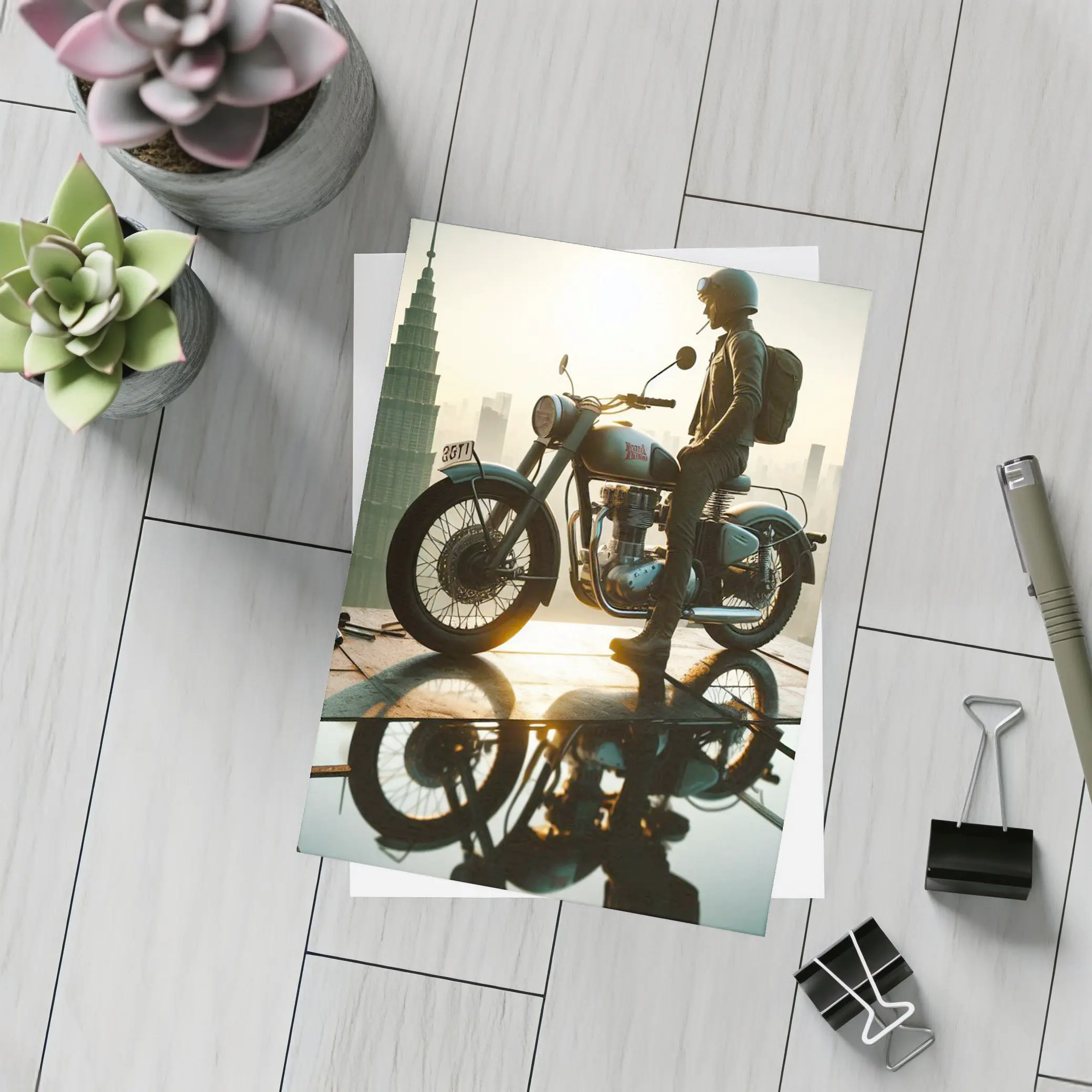 Royal Enfield Rider City Skyline Sunset – Postcards