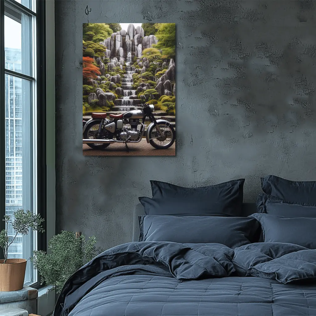 Royal Enfield Classic Motorcycle Japanese Garden Waterfall – Wall Art