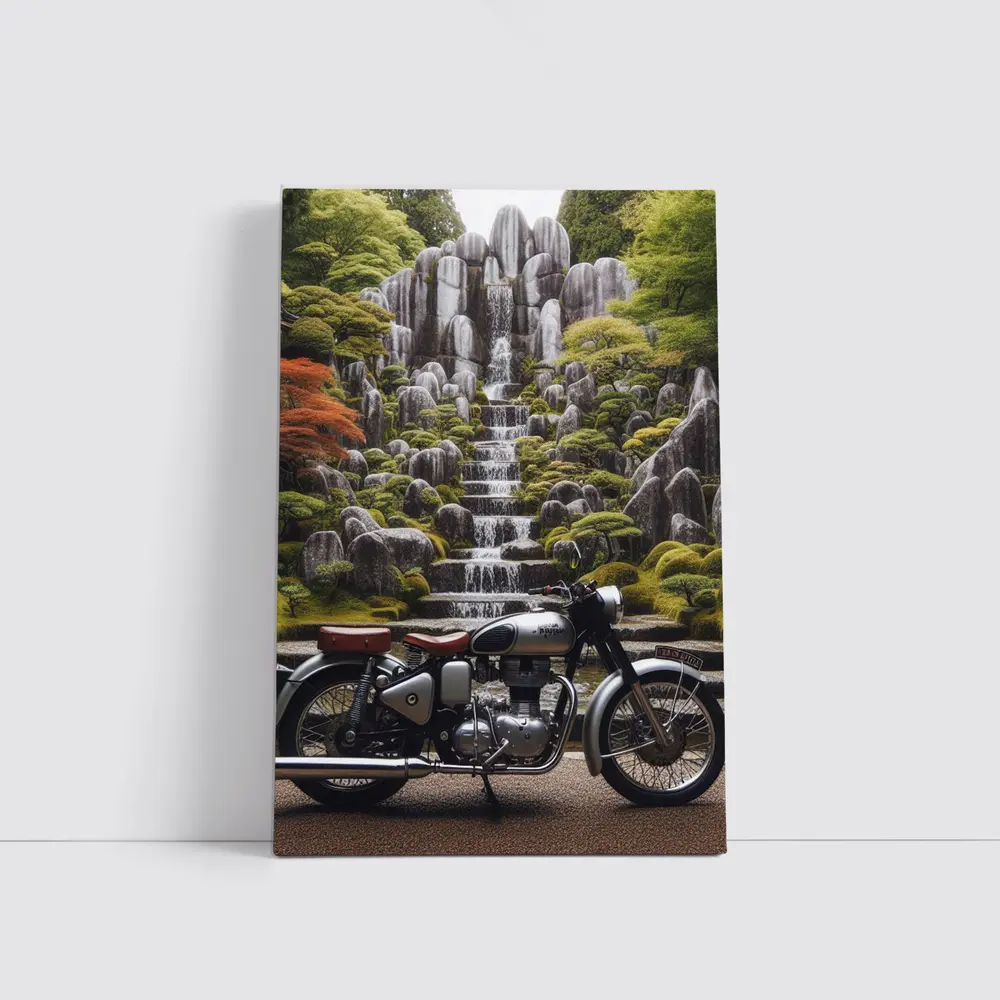 Royal Enfield Classic Motorcycle Japanese Garden Waterfall – Wall Art