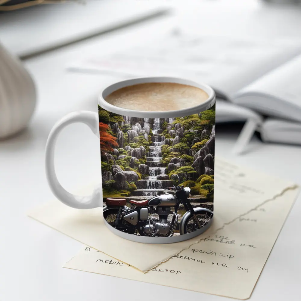 Royal Enfield Classic Motorcycle Japanese Garden Waterfall – Mugs