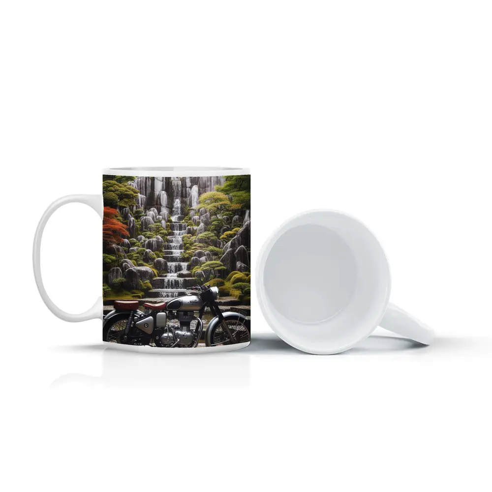 Royal Enfield Classic Motorcycle Japanese Garden Waterfall – Mugs
