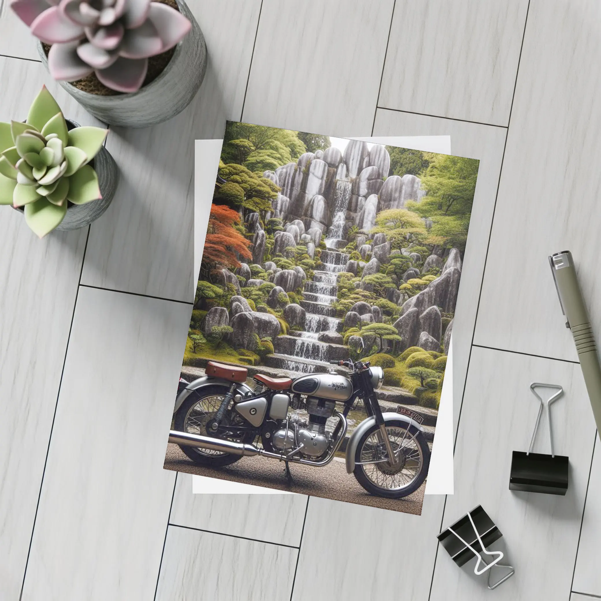 Royal Enfield Classic Motorcycle Japanese Garden Waterfall – Postcards