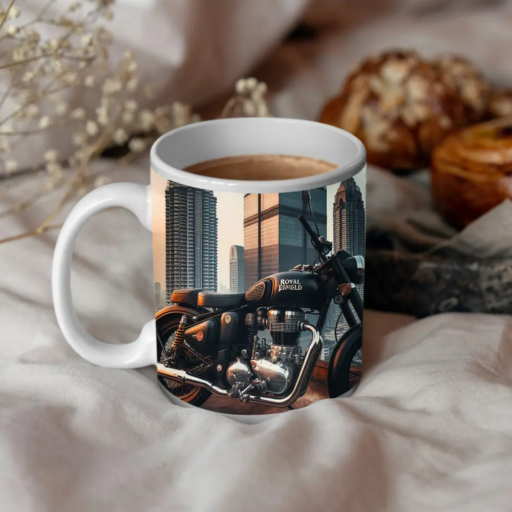 Royal Enfield Classic City Skyline Background – Mugs