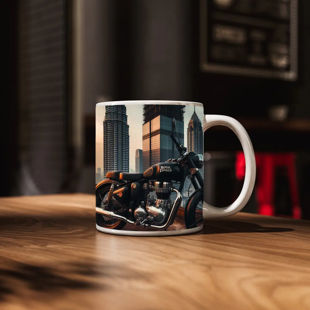 Royal Enfield Classic City Skyline Background – Mugs
