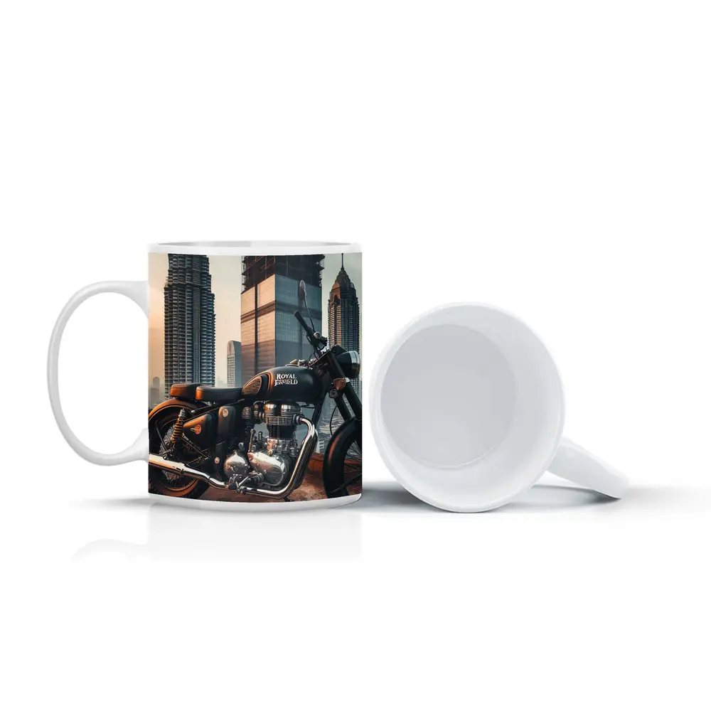 Royal Enfield Classic City Skyline Background – Mugs