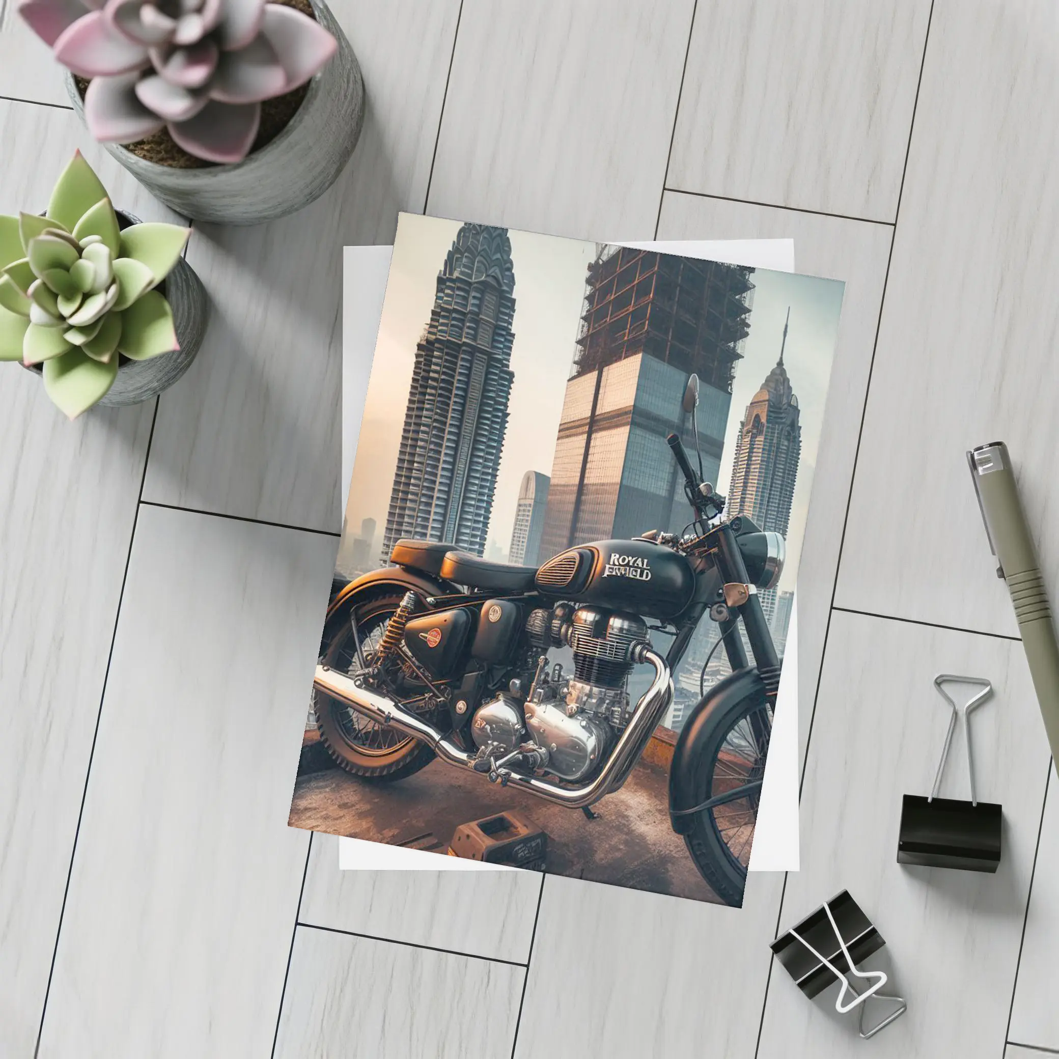 Royal Enfield Classic City Skyline Background – Postcards