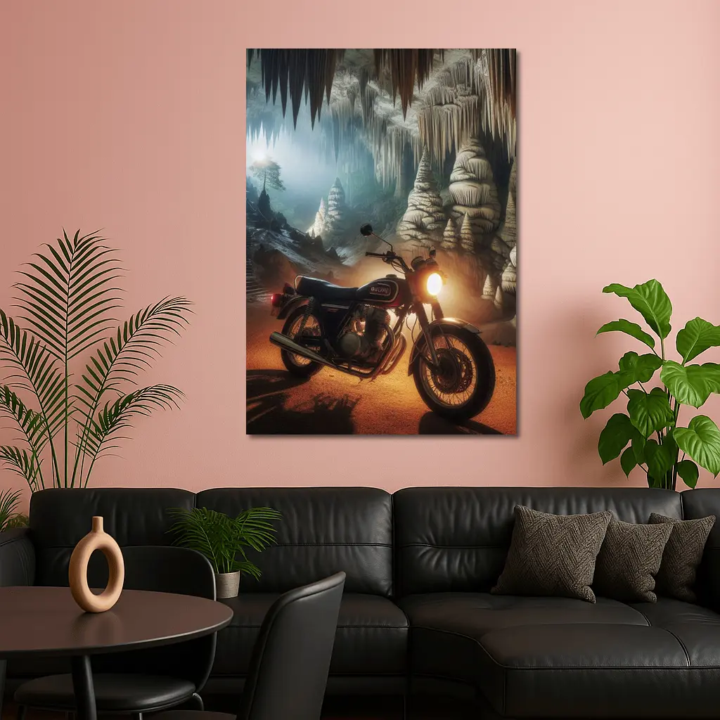 Suzuki Cafe Racer Motorcycle Inside Mystical Cave – Wall Art