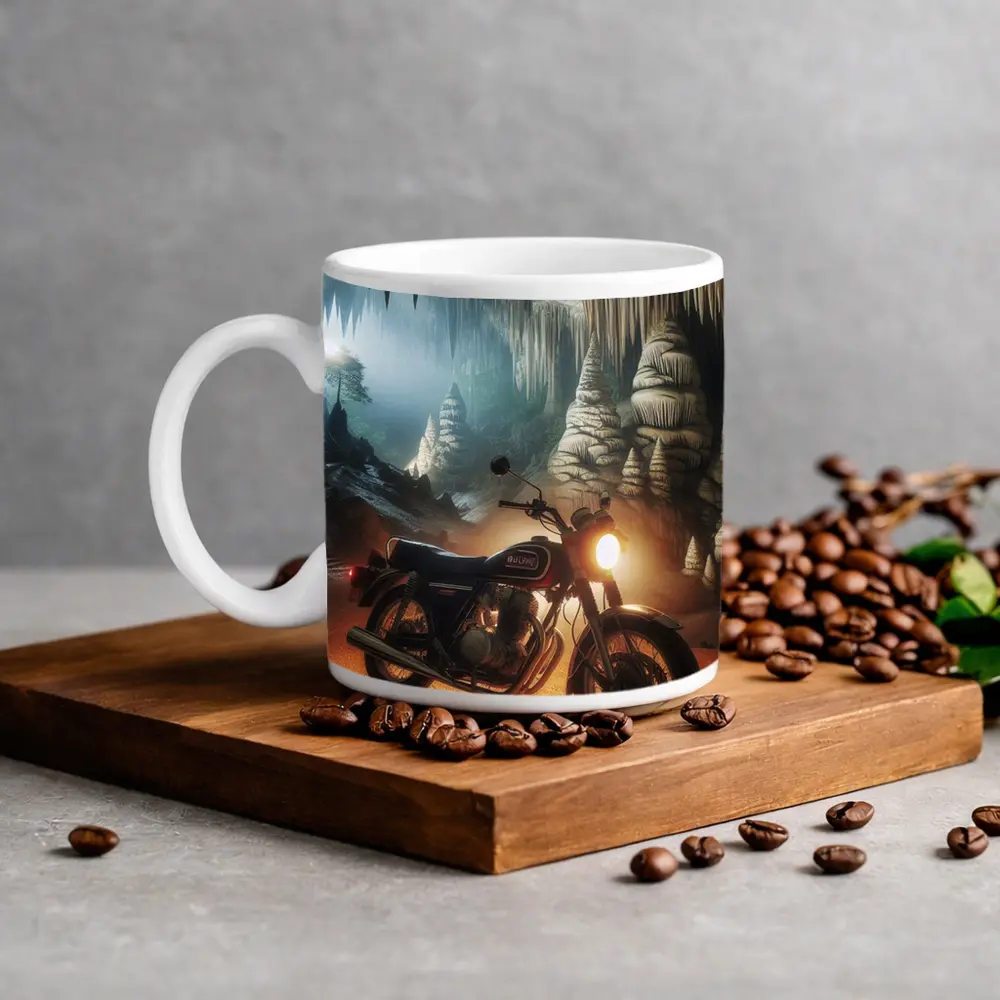 Suzuki Cafe Racer Motorcycle Inside Mystical Cave – Mugs
