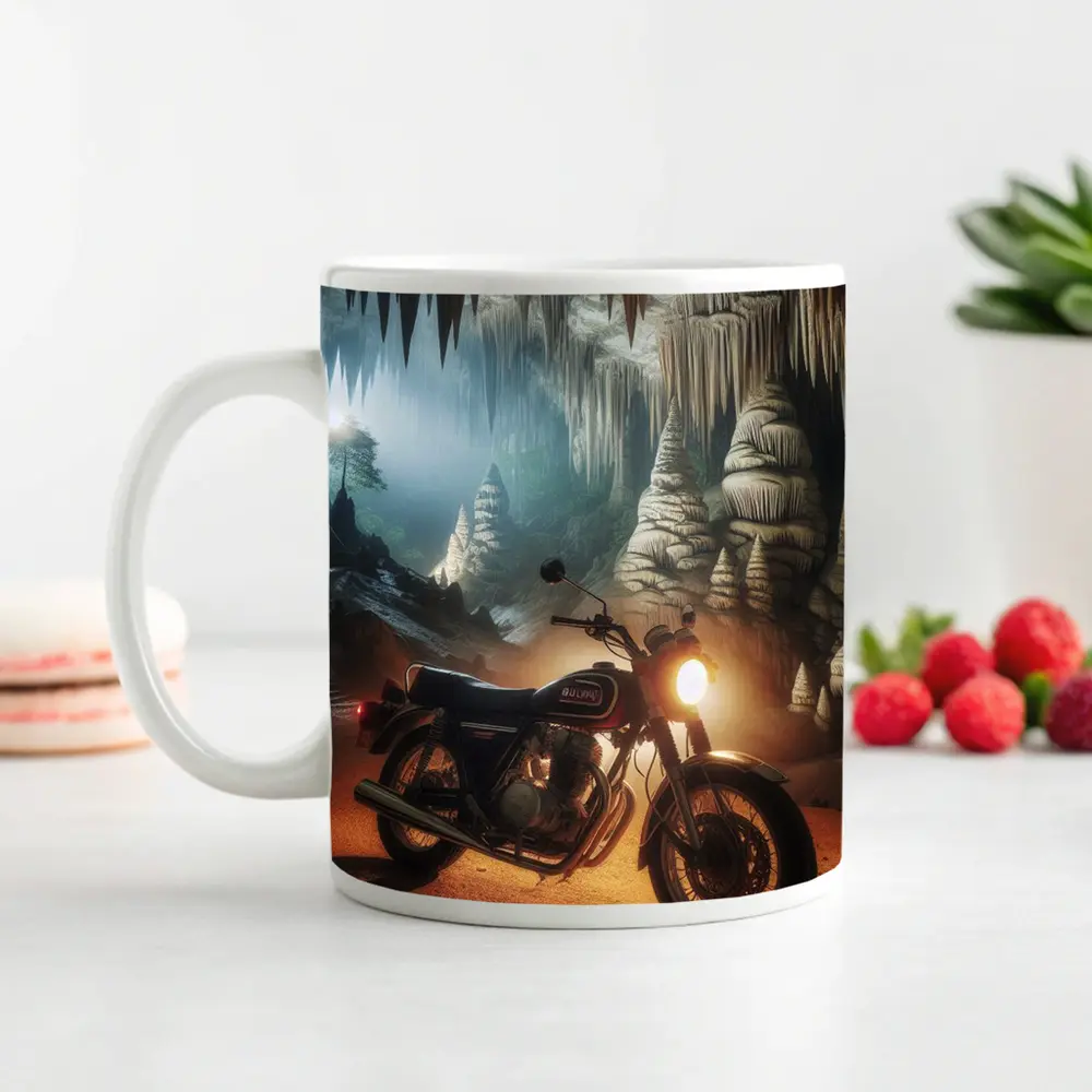 Suzuki Cafe Racer Motorcycle Inside Mystical Cave – Mugs