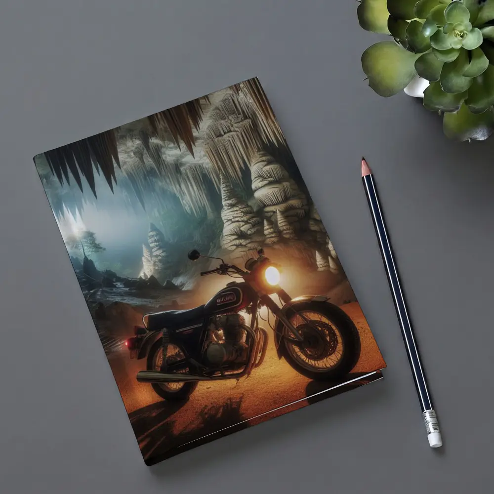 Suzuki Cafe Racer Motorcycle Inside Mystical Cave – Notebooks
