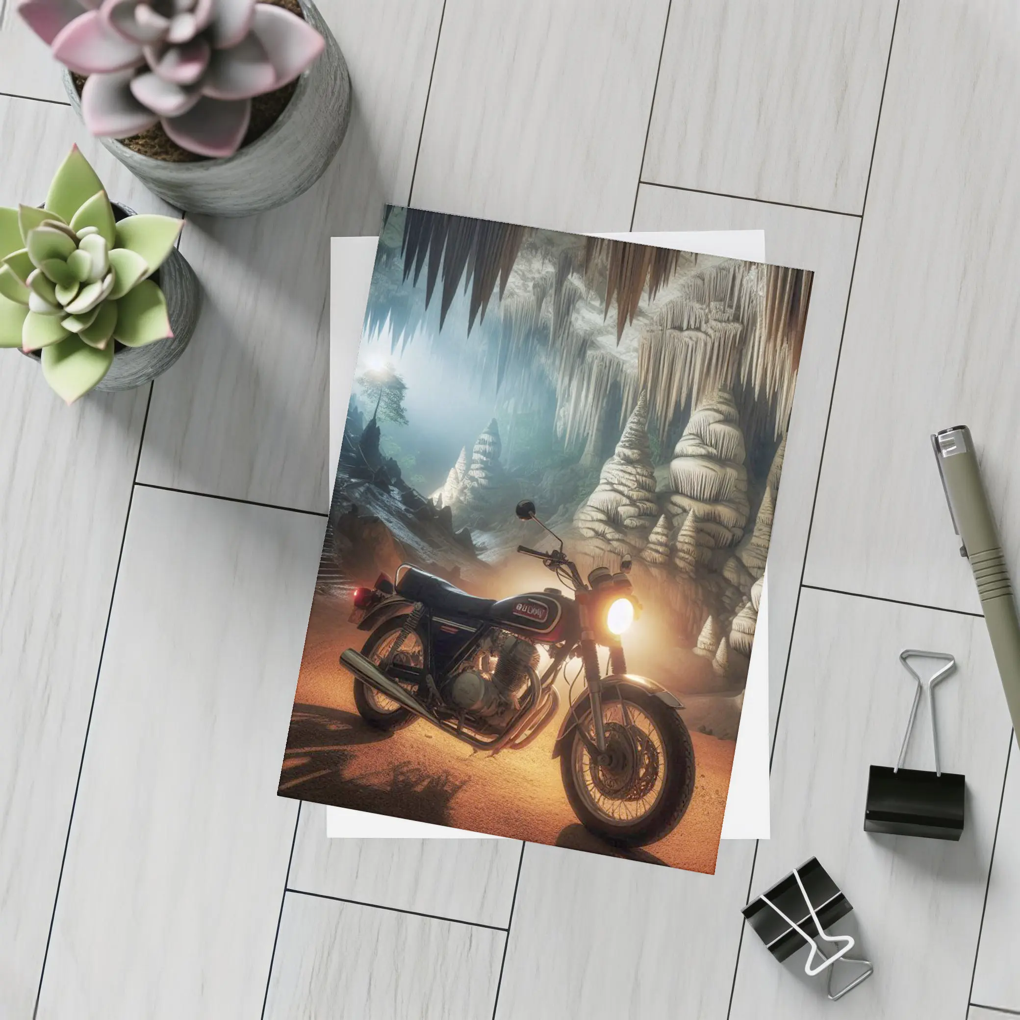 Suzuki Cafe Racer Motorcycle Inside Mystical Cave – Postcards