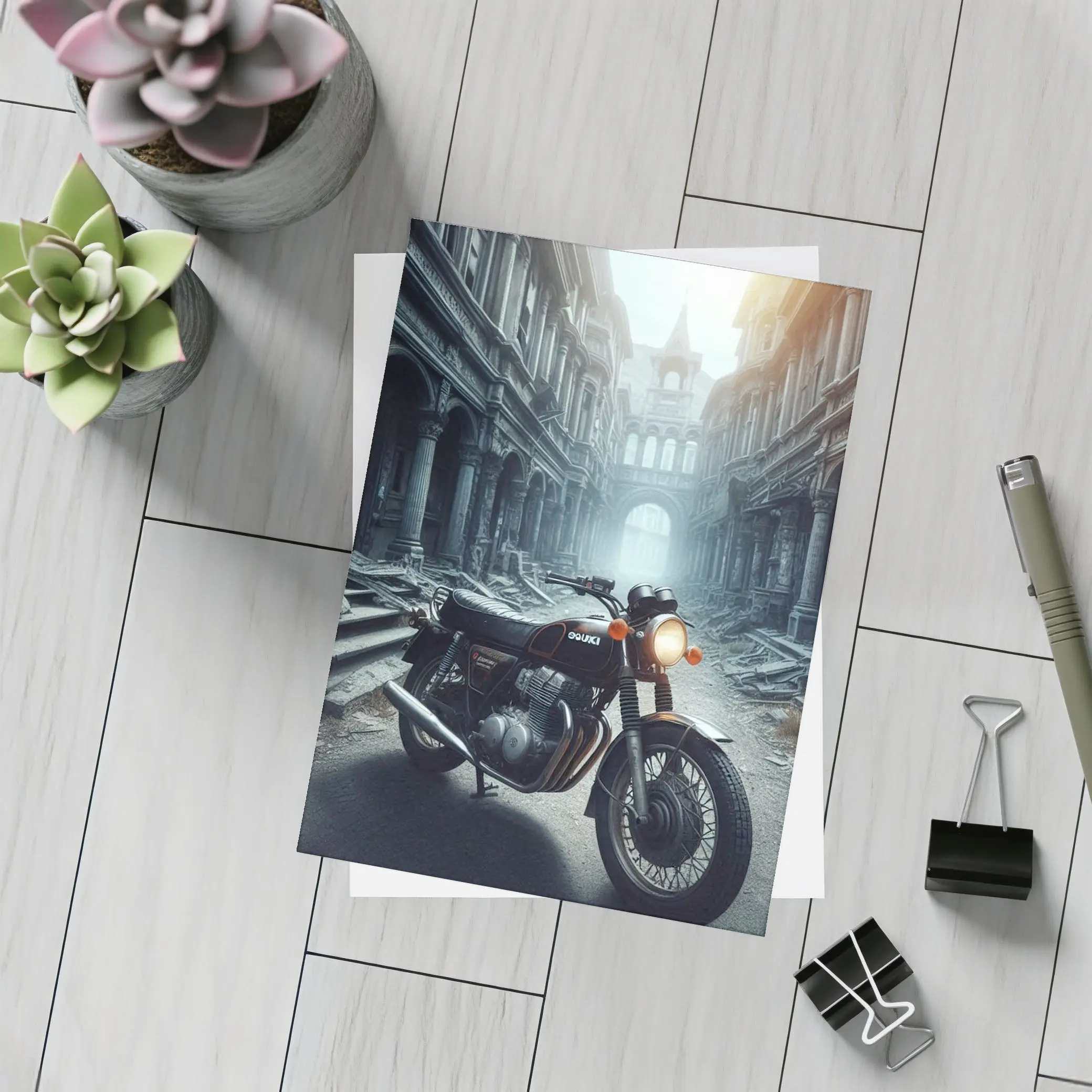Suzuki Classic Motorcycle Abandoned City Street – Postcards