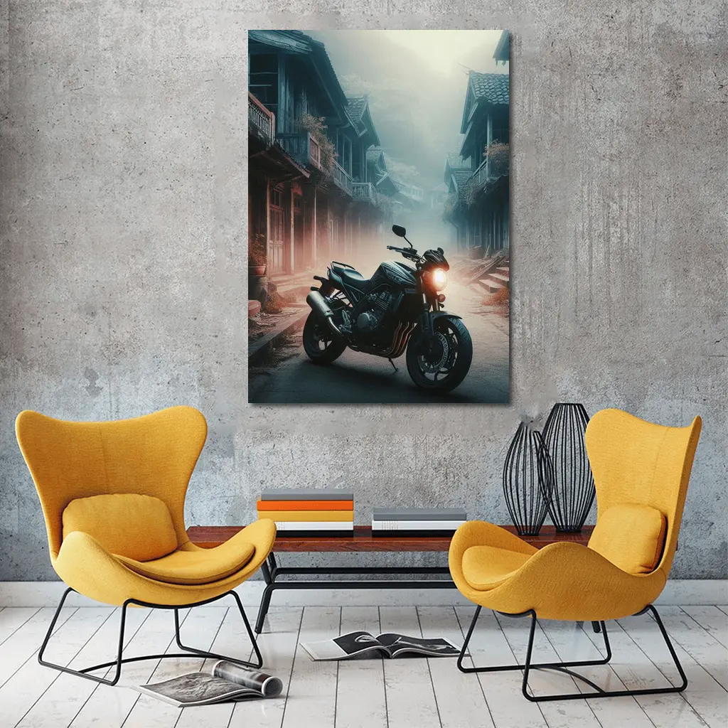 Naked Bike Motorcycle Misty Village Street – Wall Art