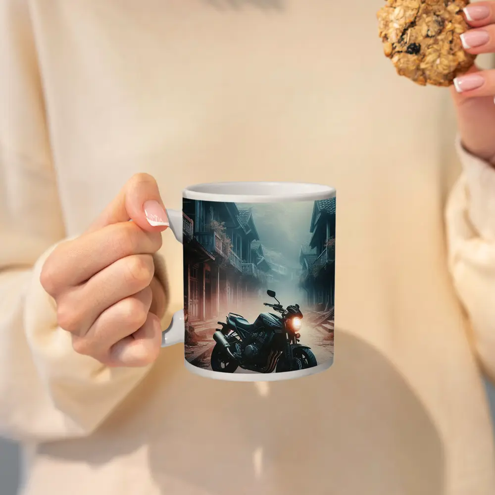 Naked Bike Motorcycle Misty Village Street – Mugs