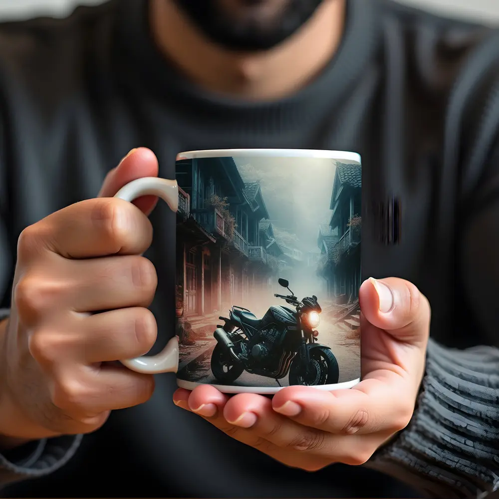 Naked Bike Motorcycle Misty Village Street – Mugs