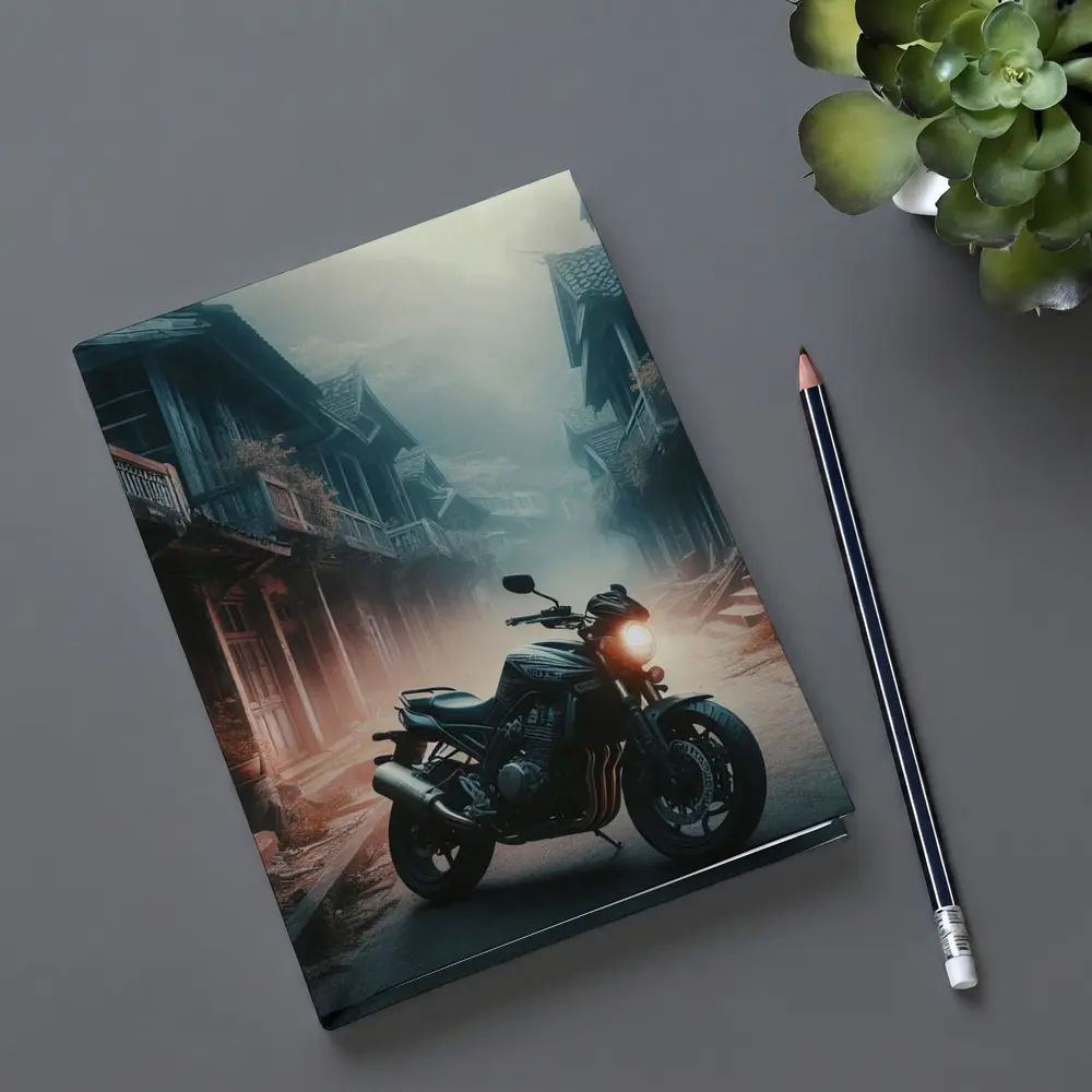 Naked Bike Motorcycle Misty Village Street – Notebooks