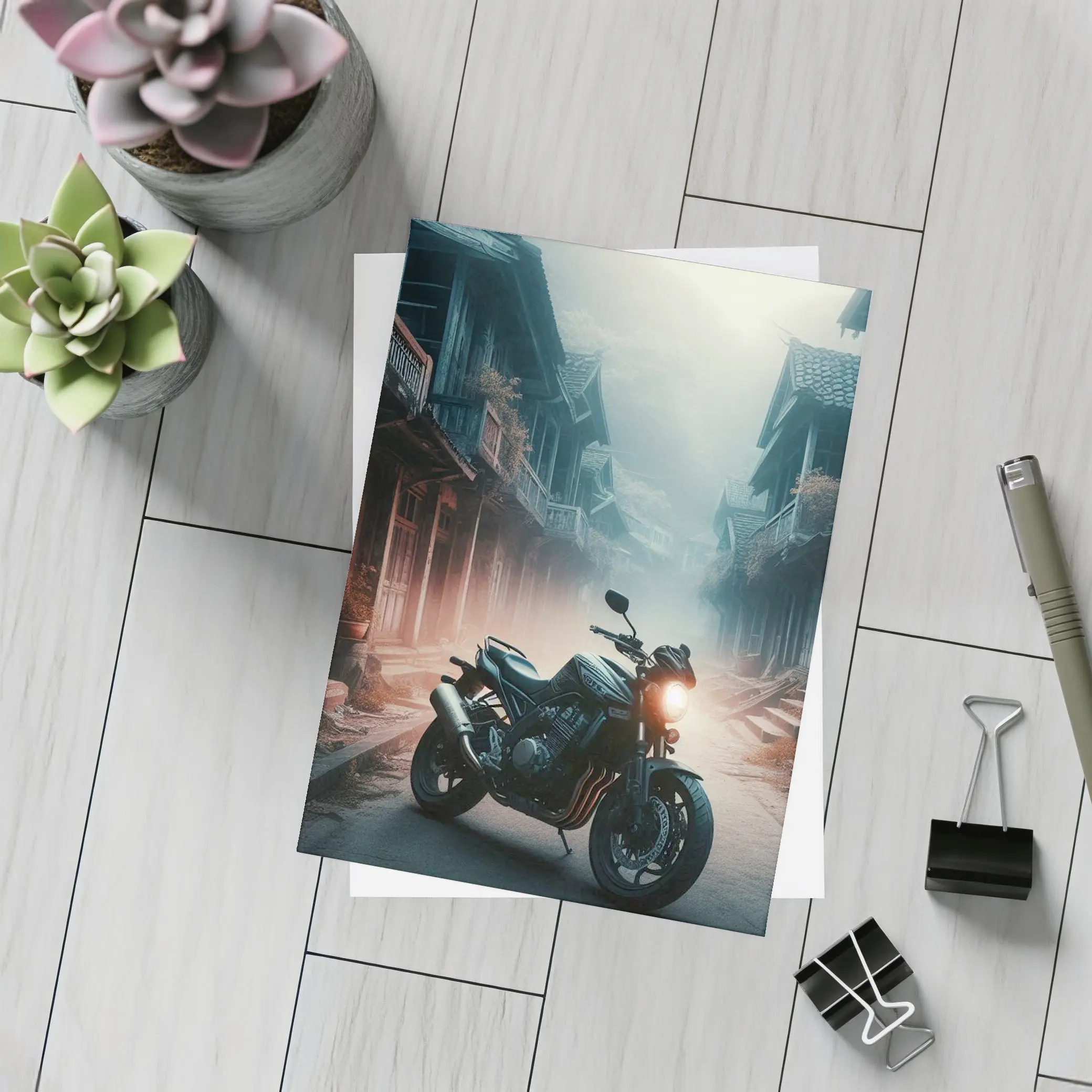Naked Bike Motorcycle Misty Village Street – Postcards