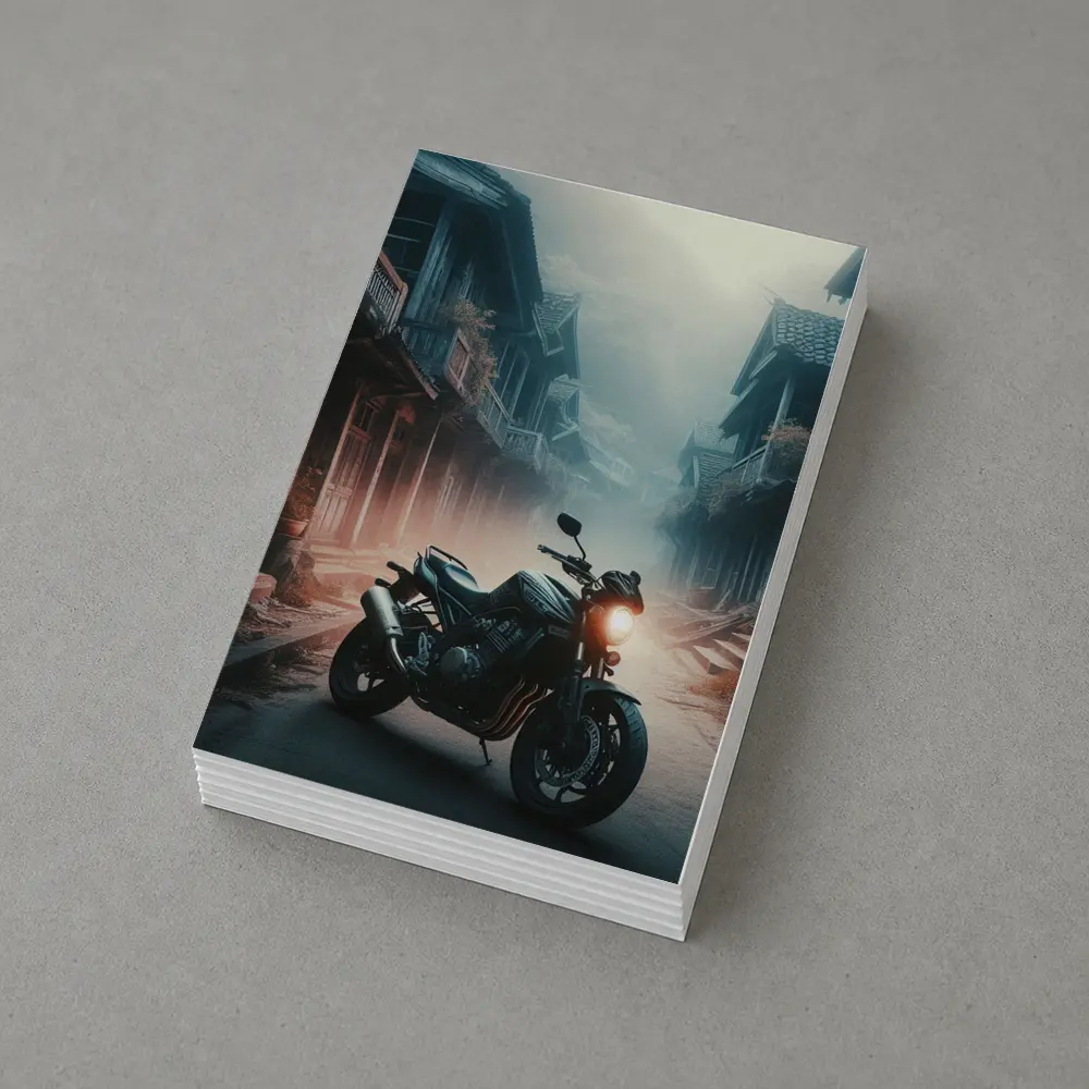 Naked Bike Motorcycle Misty Village Street – Postcards