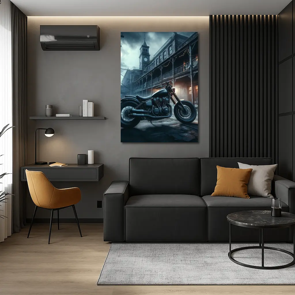Dark Bobber Motorcycle Moody Gothic Street Scene – Wall Art