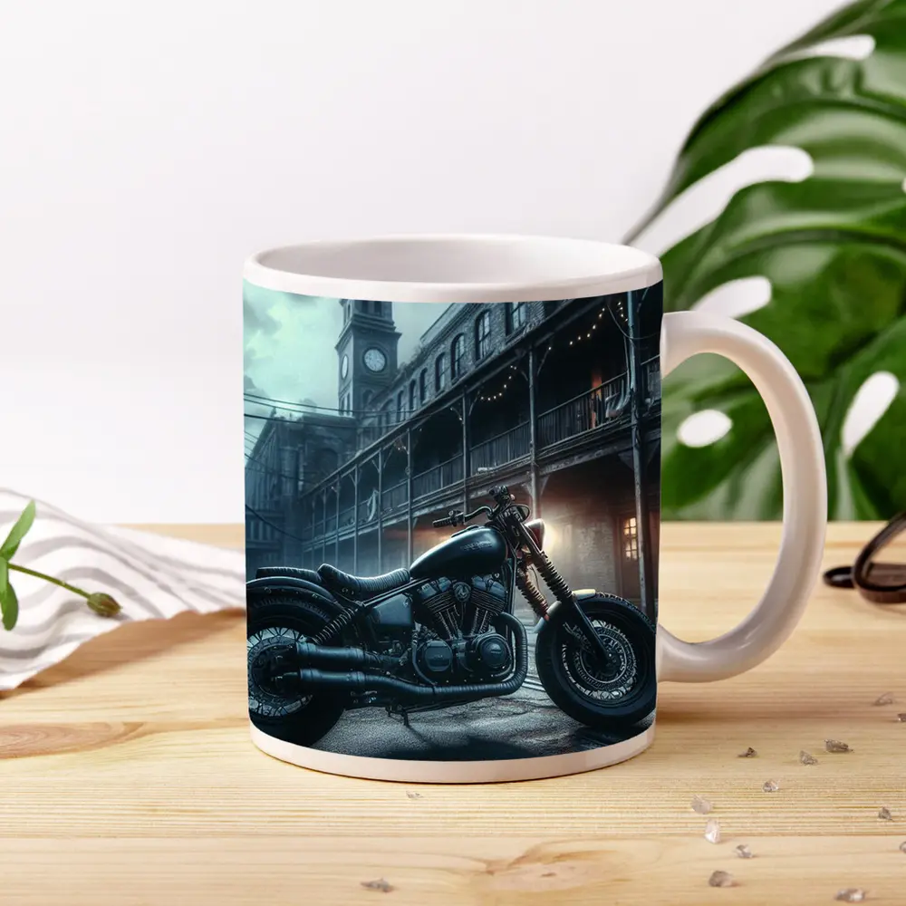 Dark Bobber Motorcycle Moody Gothic Street Scene – Mugs