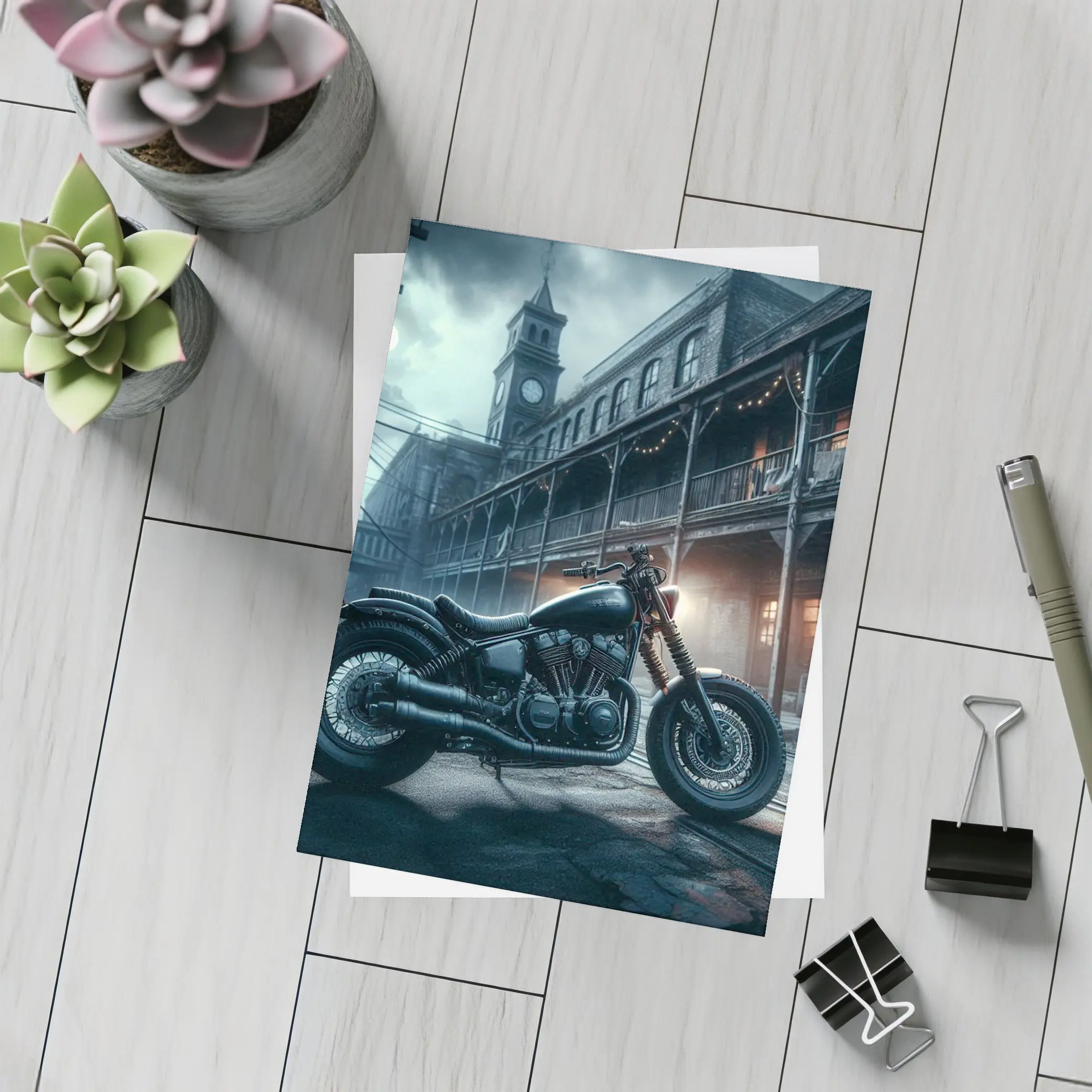Dark Bobber Motorcycle Moody Gothic Street Scene – Postcards