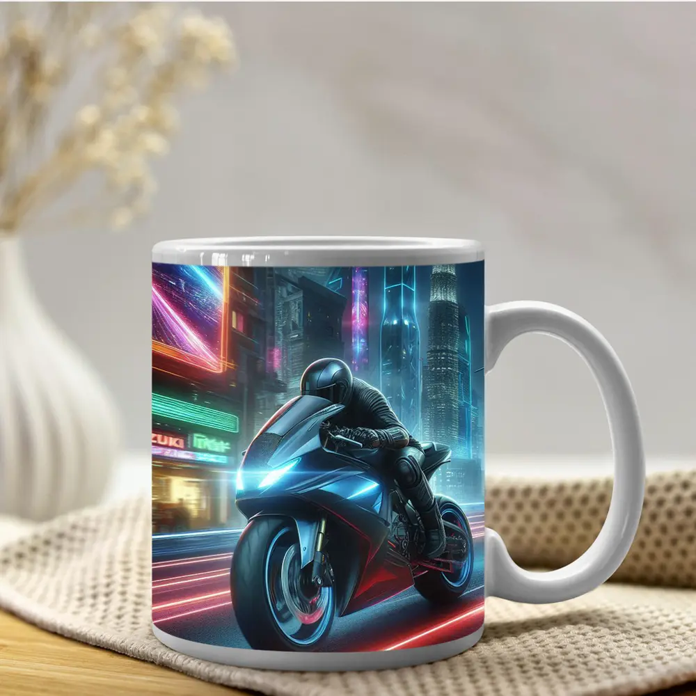 Futuristic Sport Bike Neon Cyberpunk City Night – Mugs