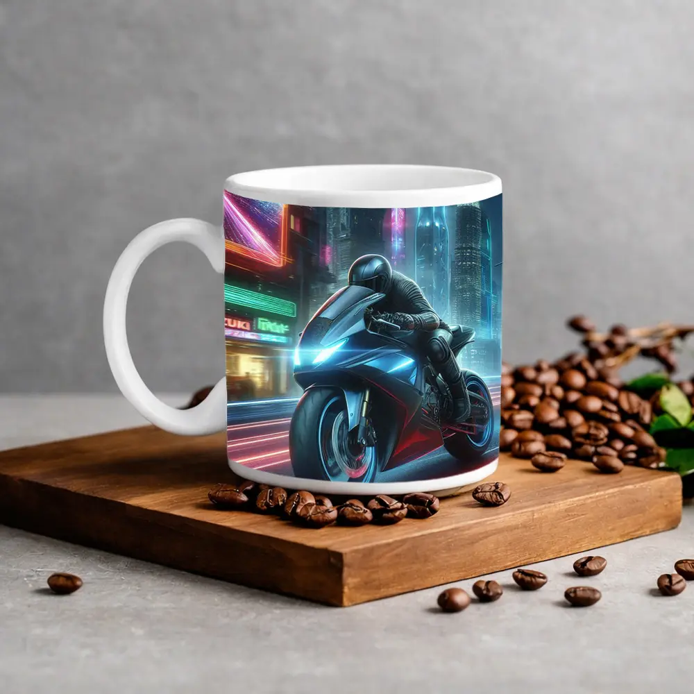 Futuristic Sport Bike Neon Cyberpunk City Night – Mugs