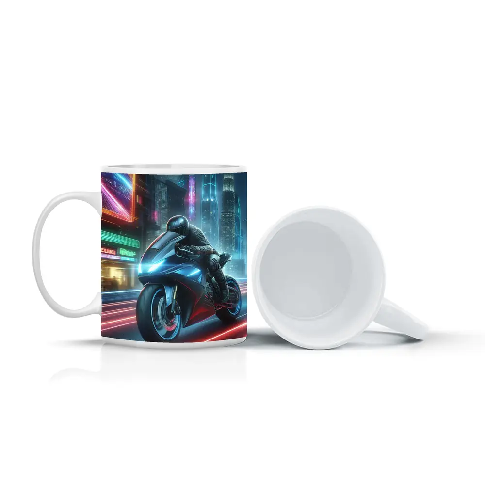 Futuristic Sport Bike Neon Cyberpunk City Night – Mugs
