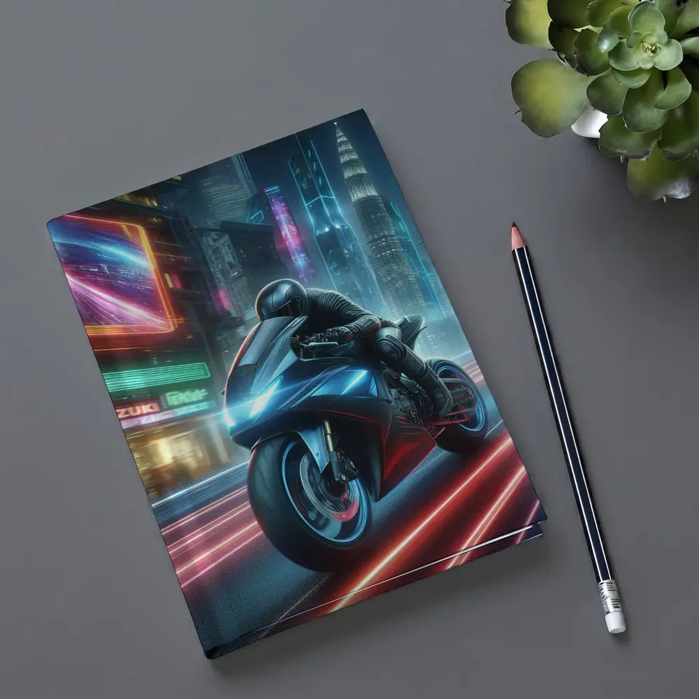 Futuristic Sport Bike Neon Cyberpunk City Night – Notebooks