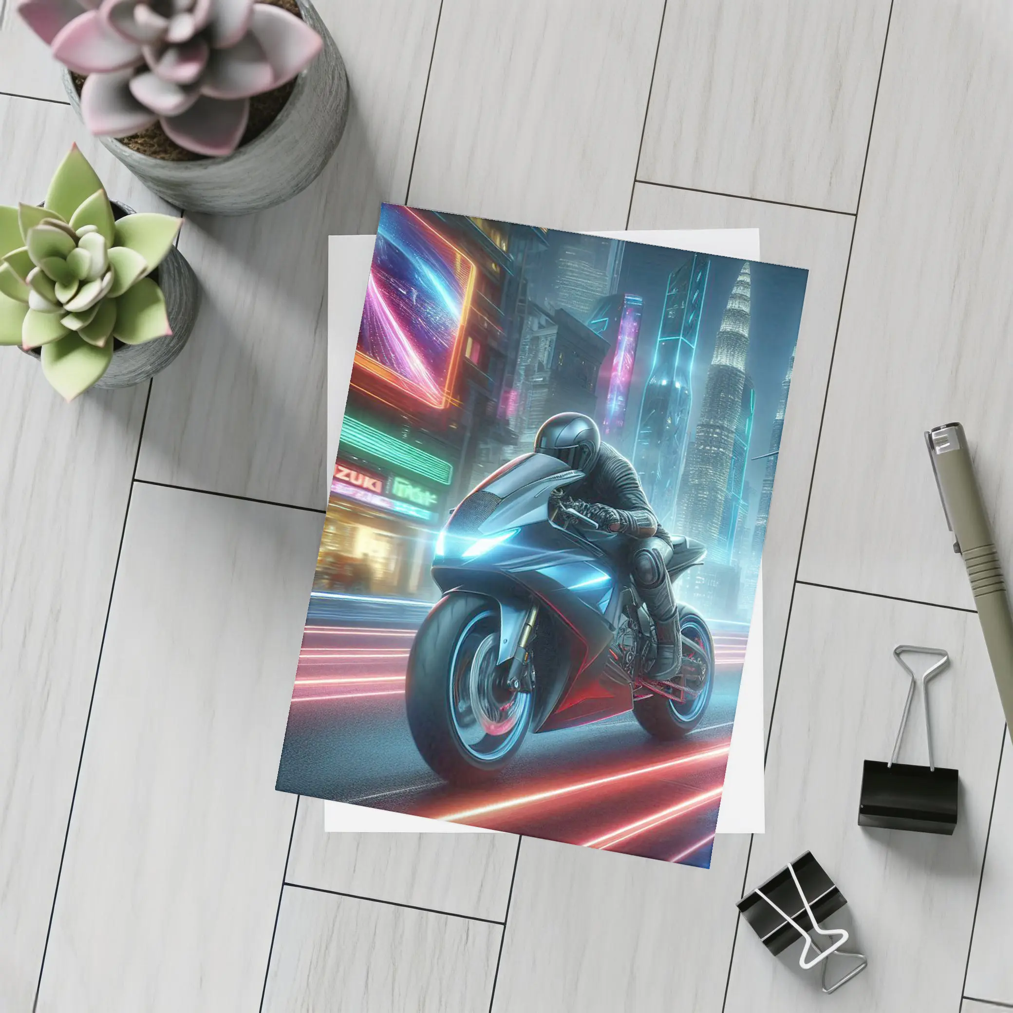 Futuristic Sport Bike Neon Cyberpunk City Night – Postcards