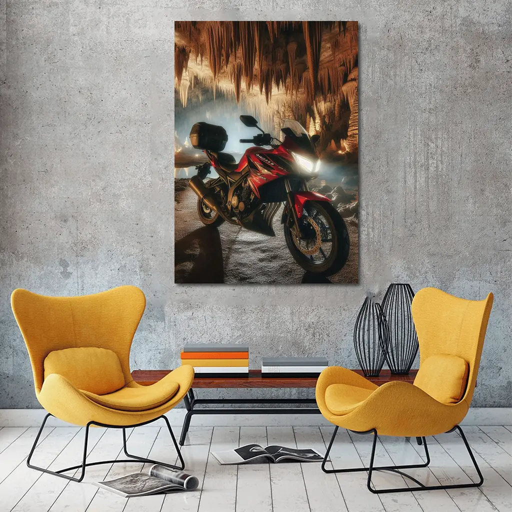Red Honda Motorcycle Inside Dramatic Cave – Wall Art