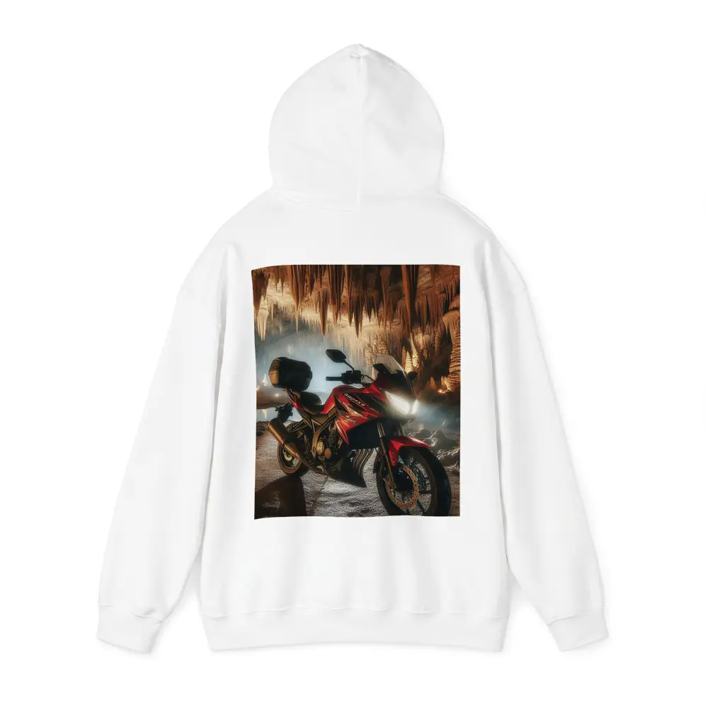 Red Honda Motorcycle Inside Dramatic Cave – Hoodies