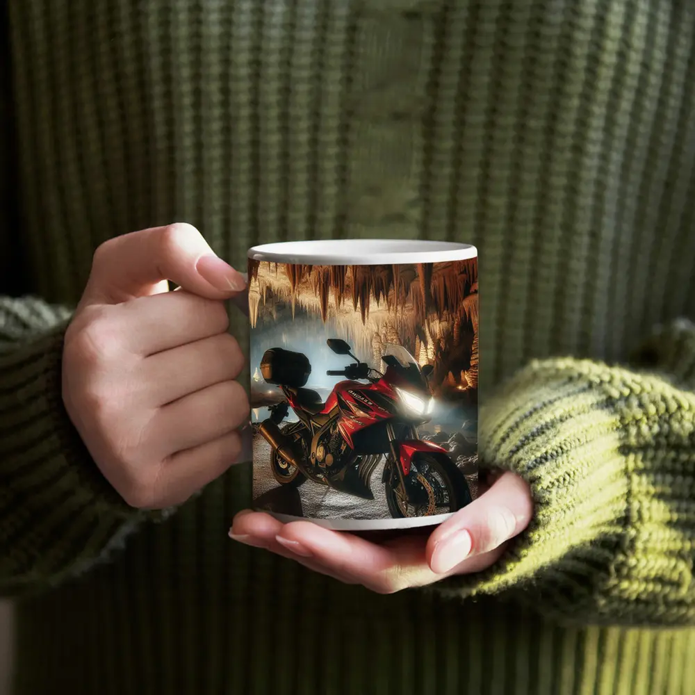 Red Honda Motorcycle Inside Dramatic Cave – Mugs