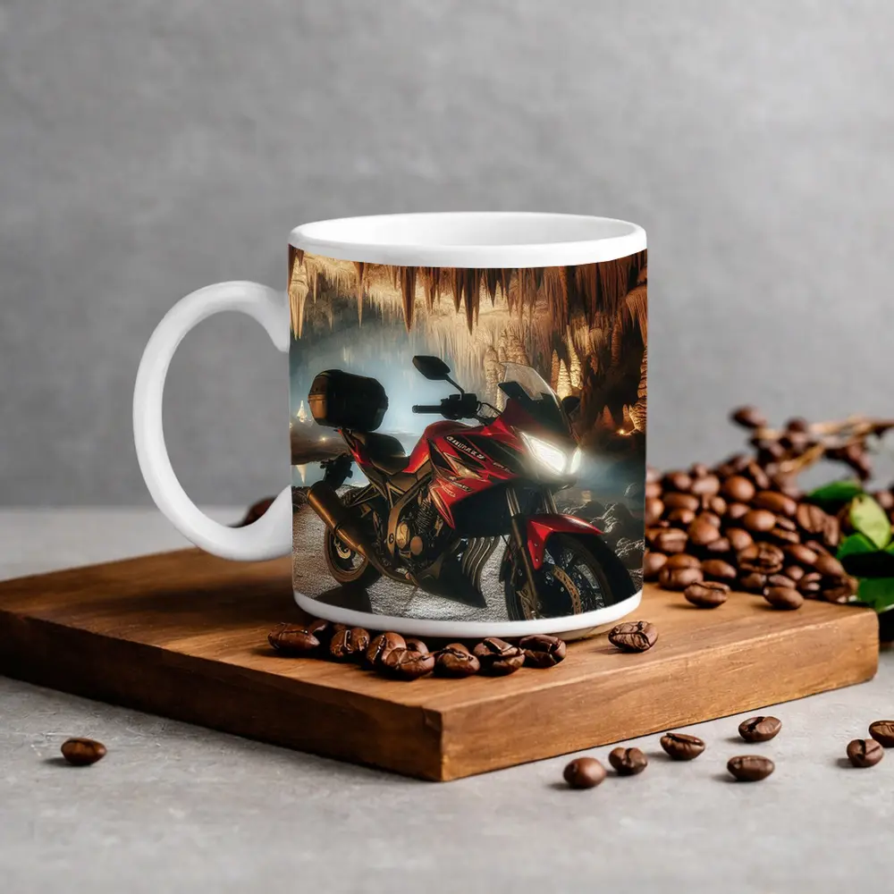 Red Honda Motorcycle Inside Dramatic Cave – Mugs