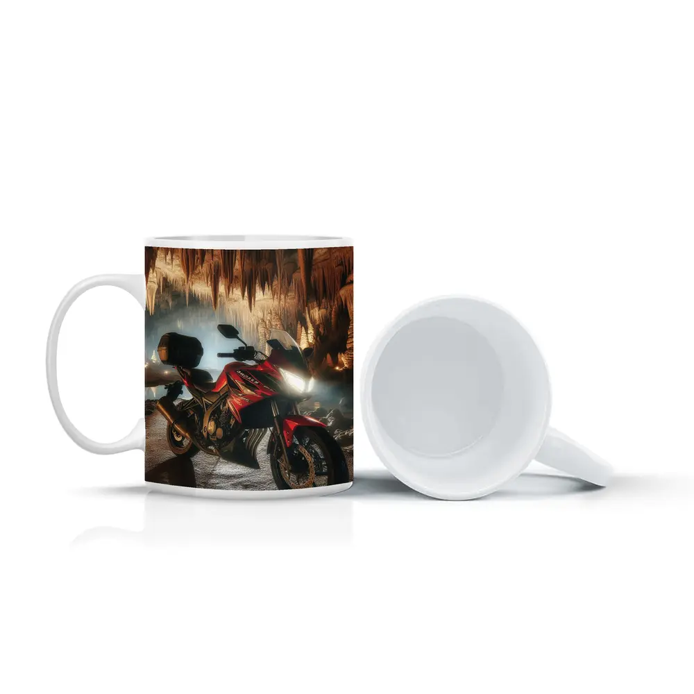 Red Honda Motorcycle Inside Dramatic Cave – Mugs