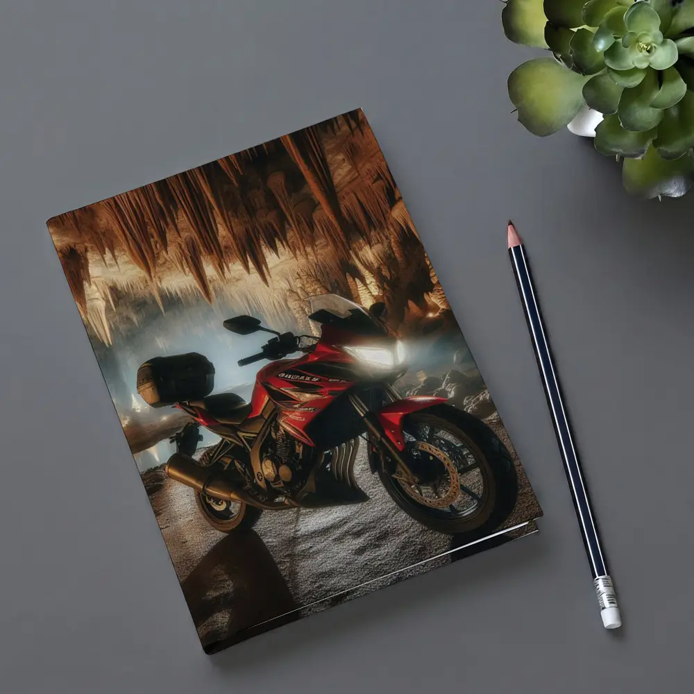 Red Honda Motorcycle Inside Dramatic Cave – Notebooks