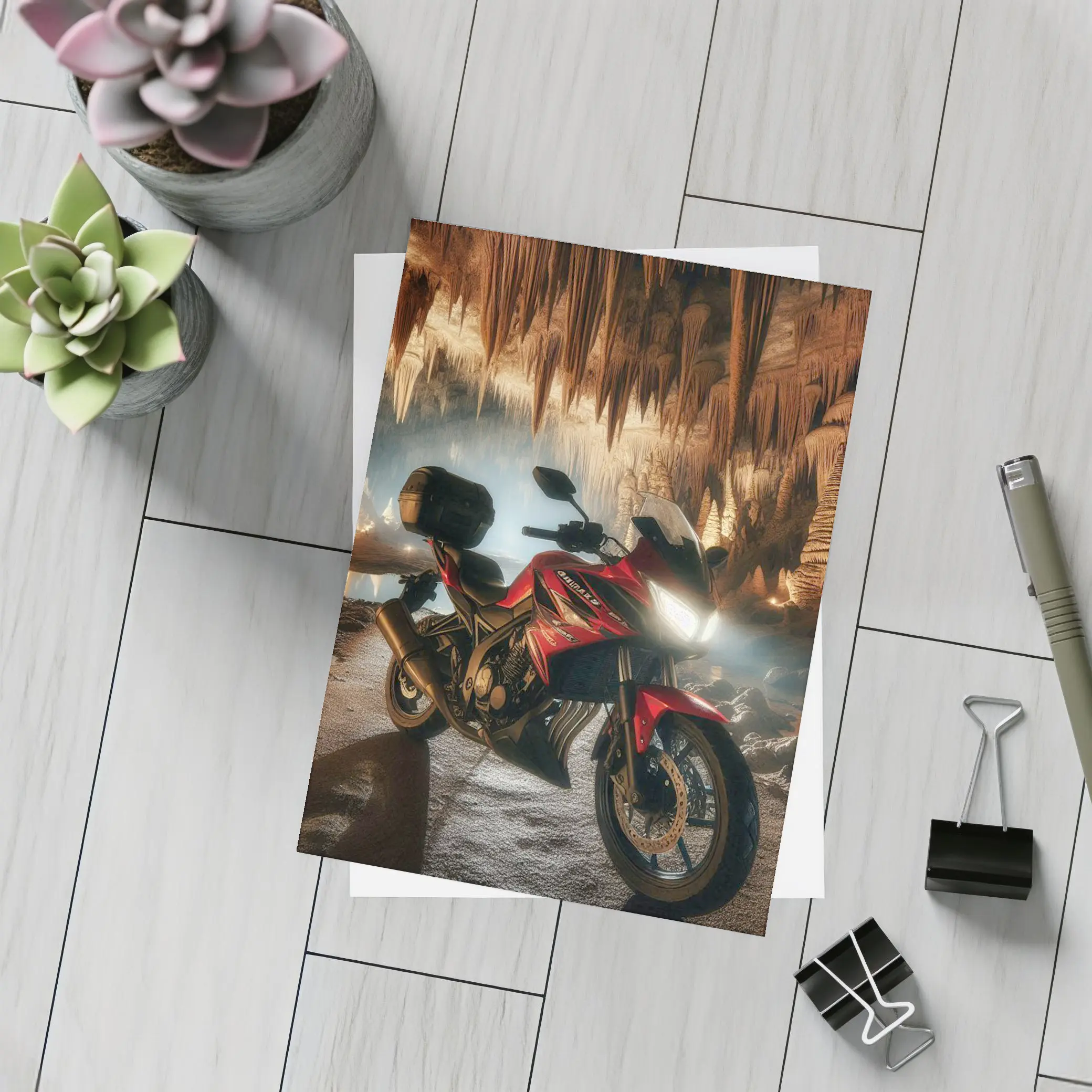 Red Honda Motorcycle Inside Dramatic Cave – Postcards