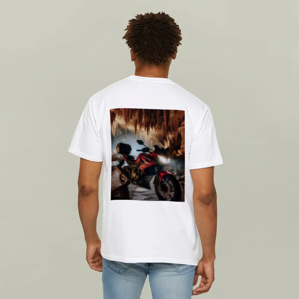 Red Honda Motorcycle Inside Dramatic Cave – T-Shirts